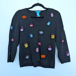 Alexandra Bartlett Novelty Embroidered Bag Accent Colorful V Neck Sweater Sz L